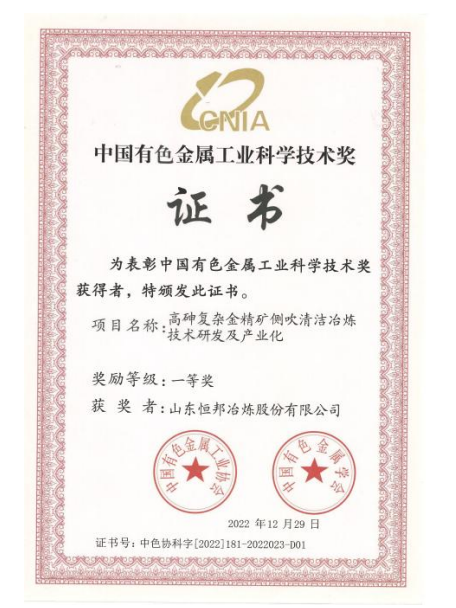 中國有色午夜黄网站色好看视频工業科學技術獎一等獎